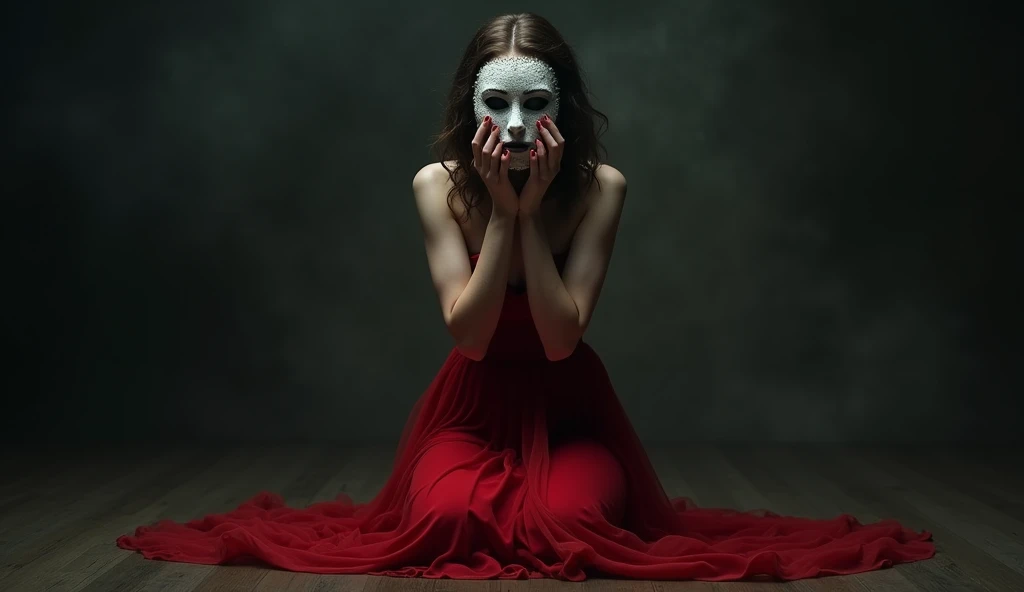 image of a beautiful and sexy woman wearing a mask and a long red dress sitting on her knees and crying, both hands covering her face, with a creepy and dark feel