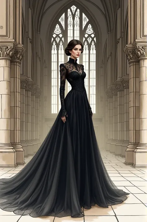 Create a fashion sketch inspired by Gothic architecture 