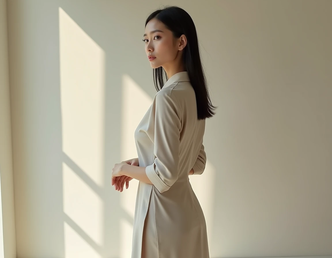 "A tall and slender Yunnan Chinese model with fair skin and straight black hair wears a fitted A-line dress. The dress is a one-piece ankle-length dress with a side slit that gently hugs the upper body. The dress has a classic and simple style in neutral t...