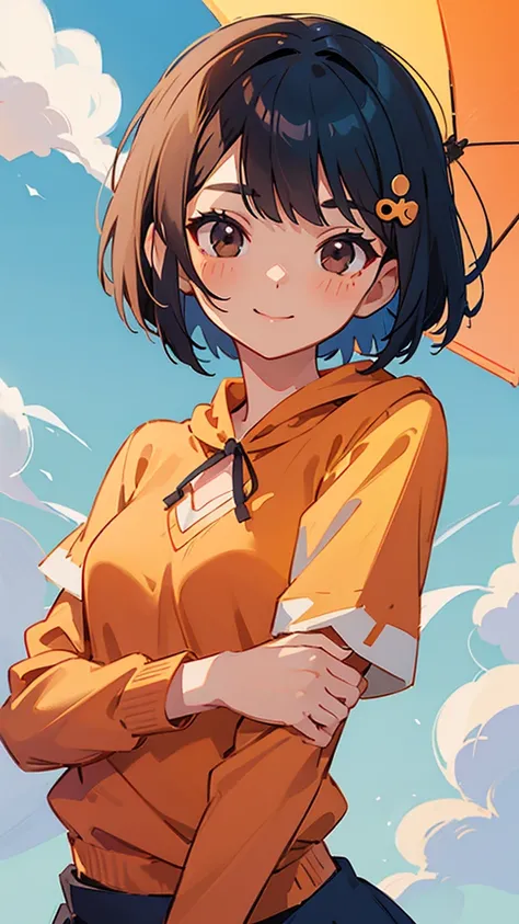 Anime-style paintings、 very beautiful detailed face and eyes、 bright color、 1 girl 、 cute face、 Delicate and Beautiful Face 、 dark blue hair 、 bob cut from the front、 jet black brown eyes 、 orange hair ornament 、Blouse shirt、 HOODIE、Medium Breast、( tight c...