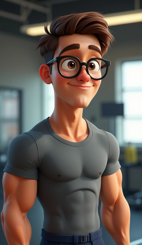 Create a Pixar-style close-up of Pablo, an 18-year-old young man with a muscular, defined physique, speaking calmly with a relaxed confidence in a gym setting. He has short, neatly combed brown hair and wears his signature round, oversized glasses, adding ...