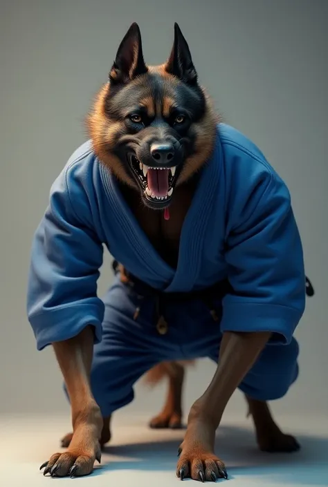 Angry dog wearing blue stripe jiu-jitsu kimono
