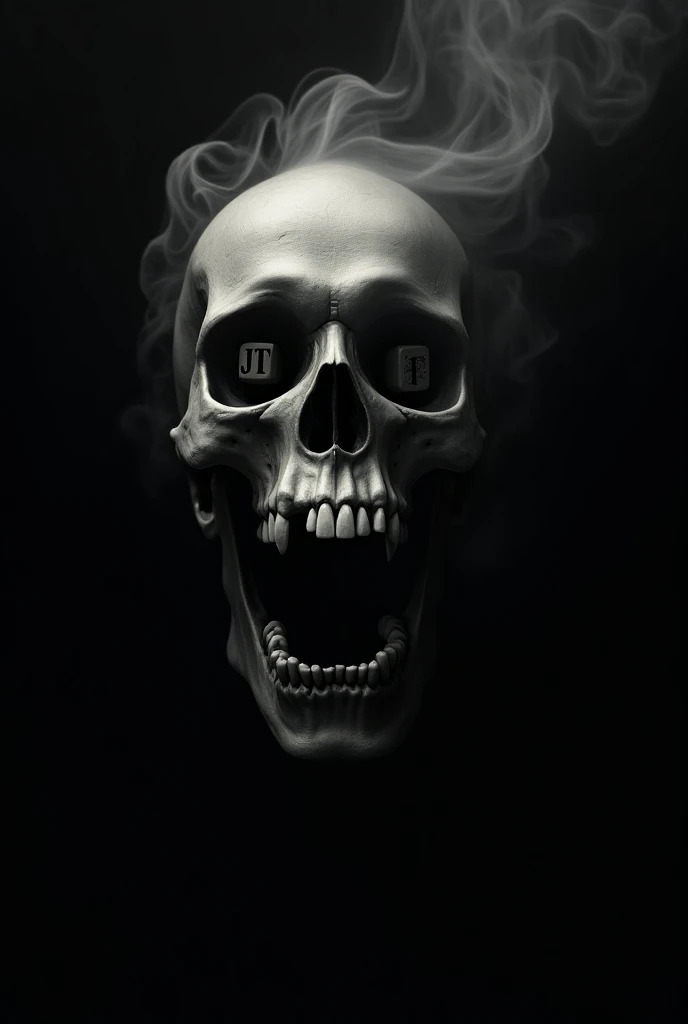 It generates a skull that has an open mouth and that comes out of the buildings of the mouth and eyes like black smoke and that has the initial of JT with a black background 