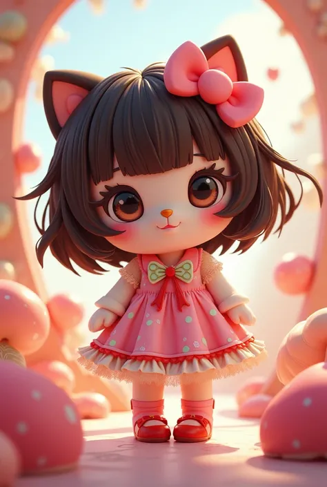 Create me an image of Hello Kitti , with dark brown hair  ,  and who is dressed like a girl 