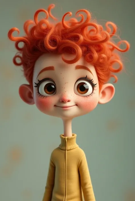 A skinny tall girl of about  full of freckles , With a slightly high neck and a red film with an impervious curly hair animated character 