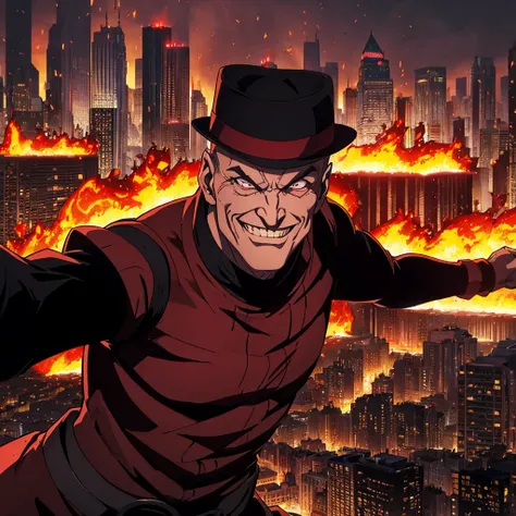 1 character, bald, red and black sweater, black fedora hat, wrinkles, Freddy Krueger, evil smile, city at night, fire particles,  lyrics, Detailed 