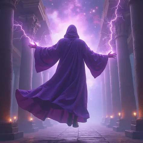 celestial sorcerer, a hooded figure in purple robes, cosmic wizard alchemist flying, shooting purple lightning, pastel nebula colors, grand cosmic galactic crystal regal and magical temples opening portals to pyramids