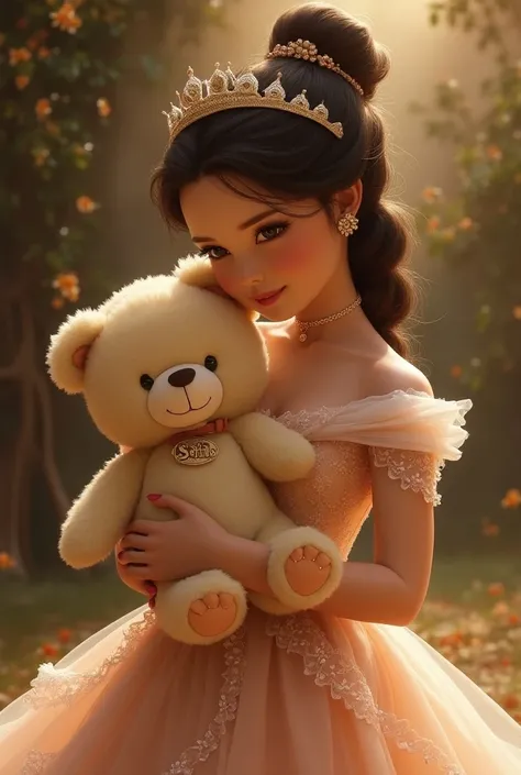 A beautiful princess with a stuffed animal with the name of Sofia