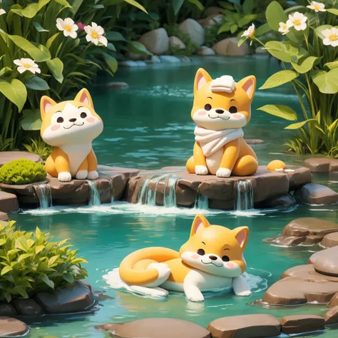 Cute anthropomorphized Shiba Inu character。
Relaxing in a hot spring,、With a towel on his head。