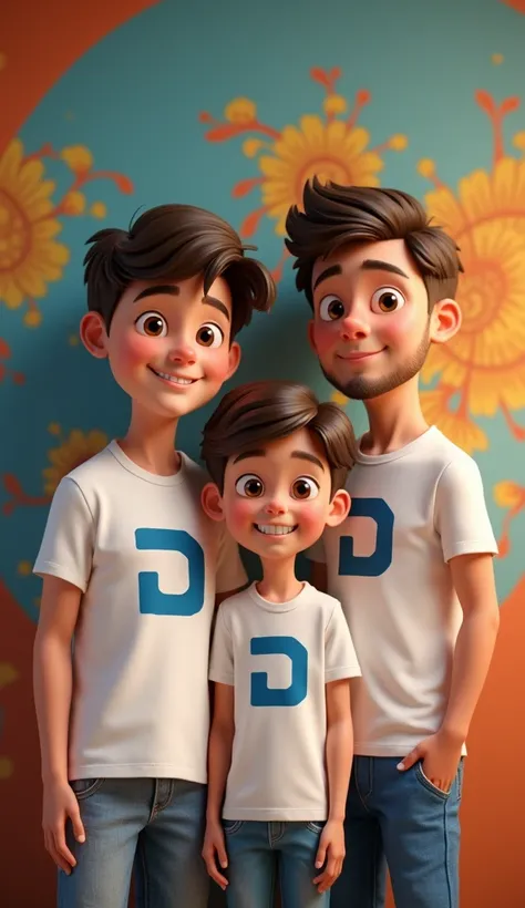 The father and his two sons, all wearing T-shirts with the ‘DoisMs’ logo printed on them, pose for a photo in front of a colorful and modern mural, symbolizing family unity and the deep meaning of the brand. They are all smiling, with expressions of pride ...