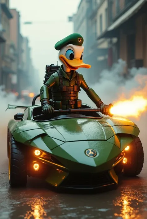 Give me a special forces soldier in Donal duck version
With a winged military colored Lamborghini that shoots fire through its exhaust with LED light below while smoke is taking it out
