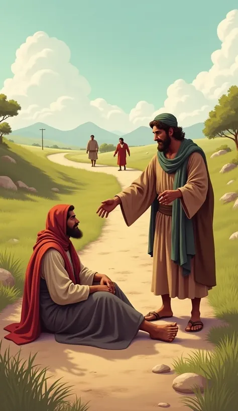 "Illustrate the story of the Good Samaritan. Show a Samaritan man helping a wounded traveler by the roadside, with a sense of compassion and kindness. Include background elements like a rough path and perhaps a priest and a Levite walking away in the dista...