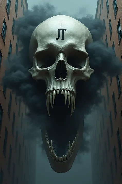 It generates a skull that has an open mouth and that comes out of the buildings of the mouth and eyes like black smoke and that has the initial of JT