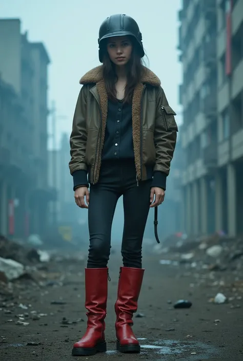 Full body image, ( super detailed, Ultra High Resolution , Detailed Background),(( Soft Colors )), 1 Girl, Bomber Jacket, Big red leather boots, Plush collar, helmet,  smoky blue background ,  Doomsday City , 