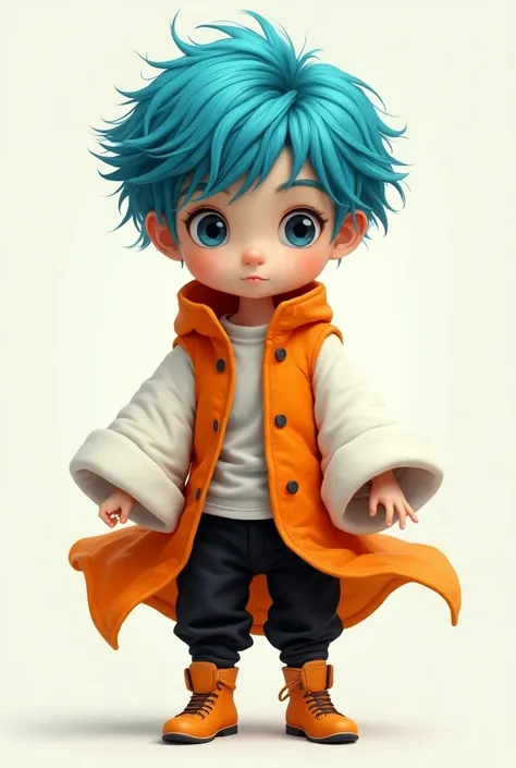 A boy with cyan hair with fair skin navy blue eyes wearing orange clothes with long white sleeves with black pants and orange and white shoes