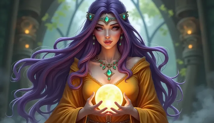 「 a mysterious female character 、 has long purple hair and a calm expression 。 has a silver headband with jewels on her forehead 、 and has green gemstone decorations on her neck and waist 。 wears orange and yellow robes 、I have a shining crystal ball with ...