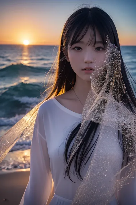  high quality、8K Ultra HD、女神のシルエットとサンセットコーストを組み合わせた美しい Double Exposure、 Sunset Coast acts as a backdrop and 、The details are captured by the Goddess、Crisp lines、The background is monochrome、 sharp focus 、 Double Exposure、By yukisakura、 amazing full color 。