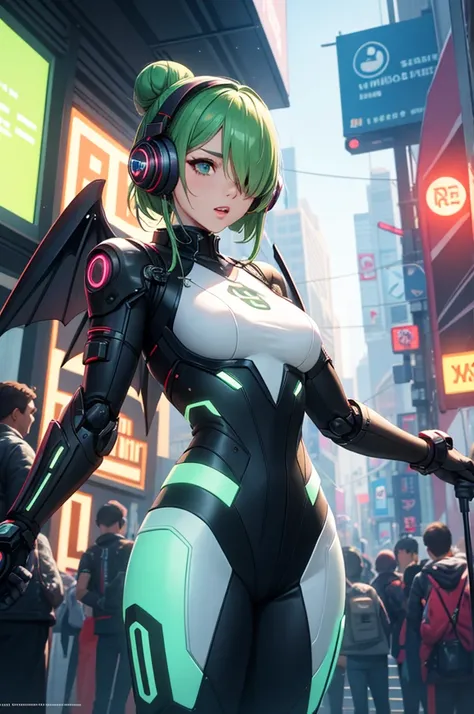 green hair, single hair bun, hair over one eye, sing,  idle stage,  Virtual Idol , mechanical wings, A woman wearing headphones is standing next to a robot, Cyberpunk Art by Jason A.. Engle, CGSociety,   retro futurism  , ilya kuvshinov,  Sci-fi , Futurist...