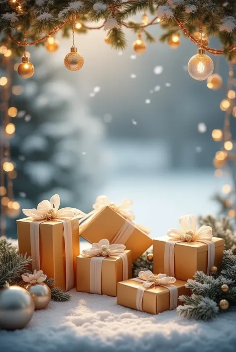  Create a warm and festive photo ,  such as a winter scene with falling snow or a table decorated with Christmas gifts and ornaments. 
With shades of gold and white  