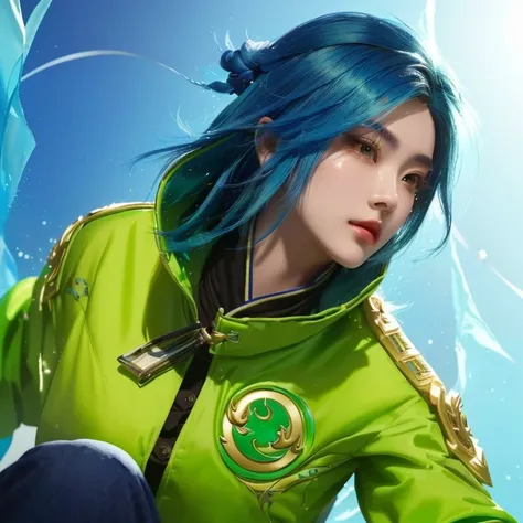 a close up of a person with blue hair and a green jacket, portrait knighbod beautiful girl, g liulian art style, artgerm jsc, xianxia hero, inspired by Li Mei-shu, female lucio, yun ling, senna from league of legends, li zixin, inspired by Leng Mei, full b...