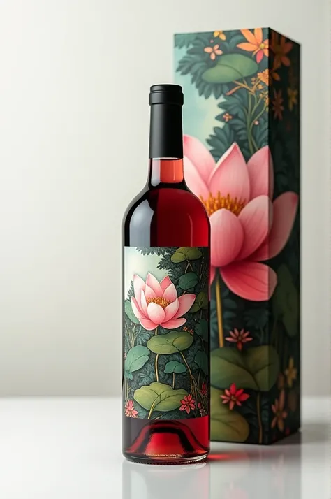 Uma bottle of wine,  with the label inspired by the work  "The Dream " by Henri Rousseau ,  White background, personalized box with elements of the painting , a transparent bottle ,  elegant and sophisticated hyper realistic, bottle of wine, quadro "THE PA...