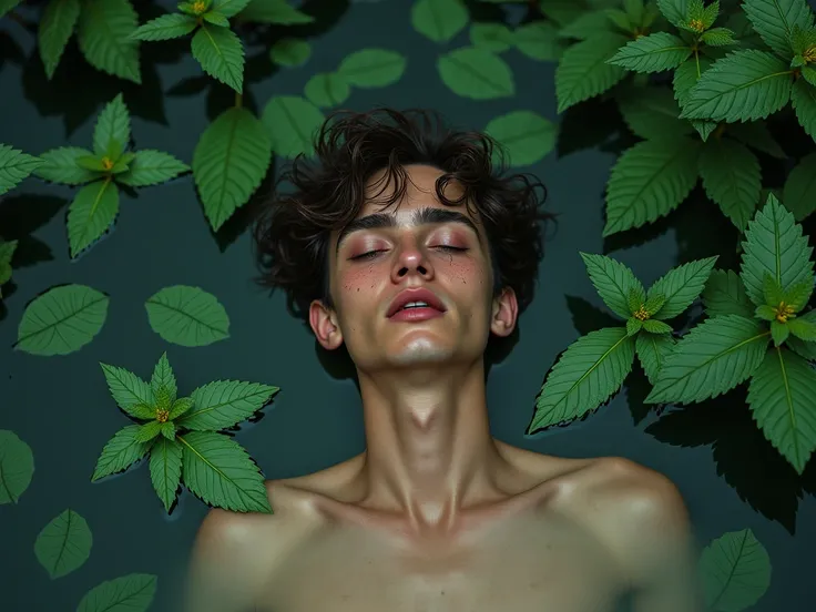 realistic,  lyrics, a beautiful young man with cinnamon skin floating in a river covered with mint leaves with his face full of tears, The river reflects the hands of the clock 