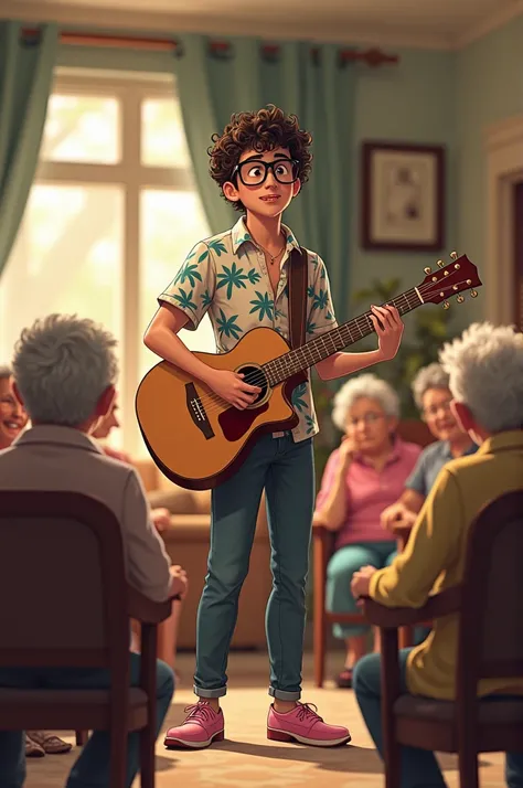  A young man with curlers , delgado,  in a Hawaiian shirt ,  playing the guitar in a nursing home .  He is wearing black glasses and pink oxfords. The public, who are old ,  looks surprised . One of them 