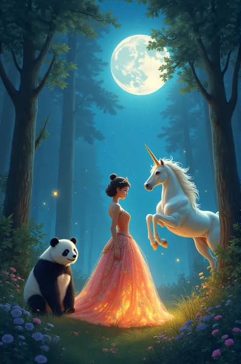 A princess in a beautiful dress in a forest with a firefly ,  a beautiful starry moon with a beautiful panda bear as a friend suddenly a colorful unicorn, beautiful and glowing like the sun, appears