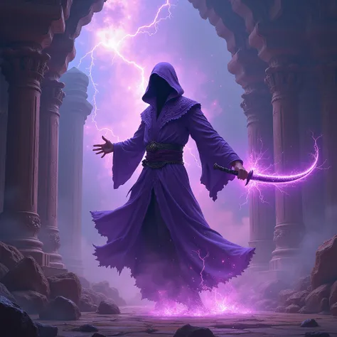 celestial sorcerer, a hooded figure in purple robes, cosmic wizard alchemist flying, shooting purple lightning & a katana blade, pastel nebula colors, grand cosmic galactic crystal temples opening portals