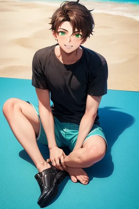 ((best quality)), ((masterpiece)), (detailed), a boy, 19 years old, medium hair, brown hair, green eyes, slim, blue shorts, smile, sitting on a blue carpet in the sand, beach background, sunny, anime