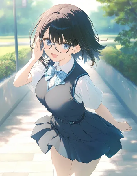 1girl, little female, school uniform, short hair, beautiful breasts, glasses, jitome, open mouth, outdoors,wind, game CG break,((artist:shida_kazuhiro)),(artist:mitsumi_misato),(artist:fujiyama),,(masterpiece), (best quality), (ultra-detailed), very aesthe...