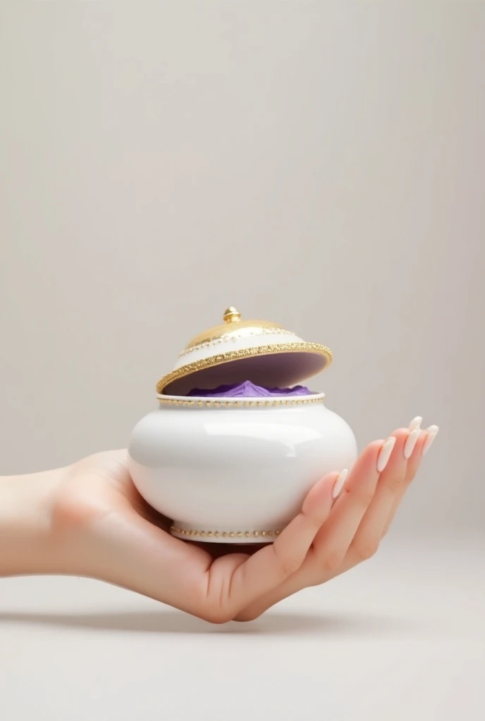 A hand holding open white pot,  where the lid is golden and the cream half lilac