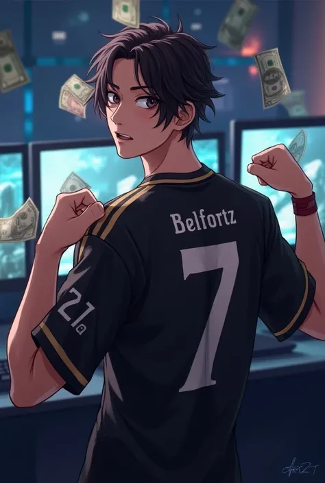 Man with mid long  hair , gaming Drenched Tee 、Slightly slanted eyes、Looking at the camera、A little surprised face、flexing money looking at monitors ,  clicking the photo from backside of there jersy number  , jersey number 7 with Belfortz name on the top ...