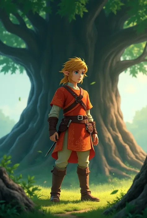 Link in front of the Deku tree wearing clothes from the fire dungeon