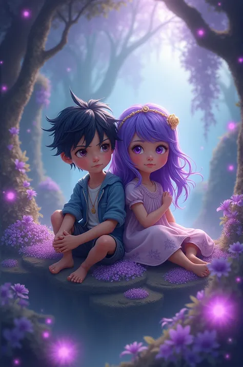 The boy with the black hair and the girl with the purple hair and purple eyes