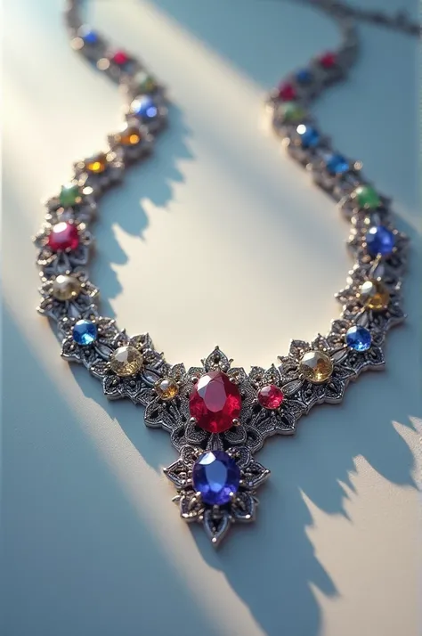 A silver necklace with precious stones embedded in its surroundings 