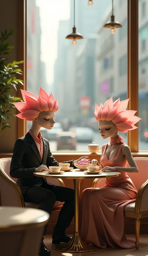 Luxurious Tea Break in a Chic Setting
A couple of lotus flower-human hybrids and their baby sit at a modern, luxurious table in a high-end urban café. The couple is dressed in trendy, high-fashion urban outfits with sophisticated details like tailored jack...