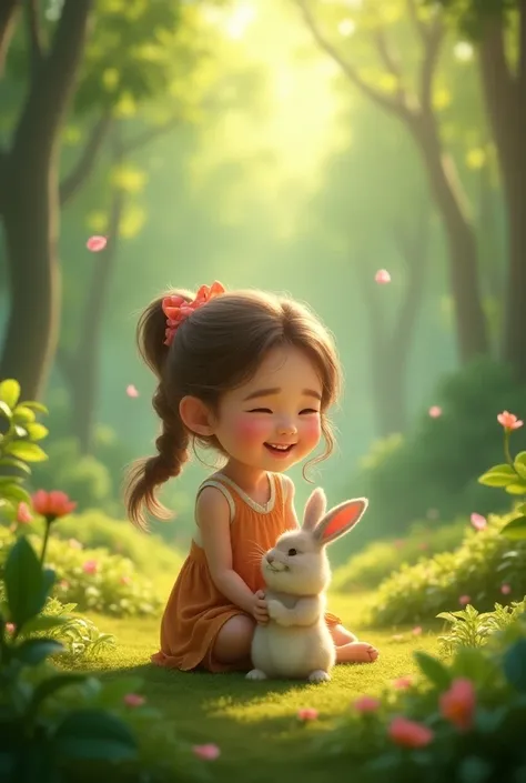 Yuong girl playing with rabbit in forest 