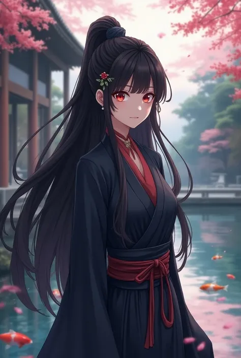 monk anime manga style female black hair red eyes long hair