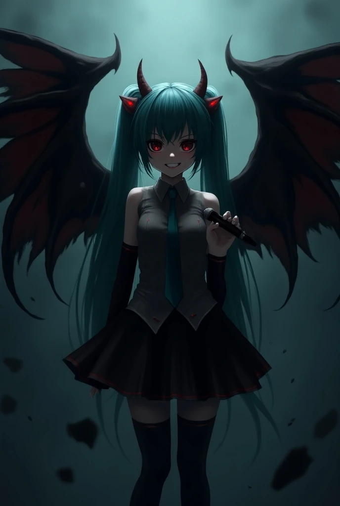 Create Hatsune Miku , with demonic black wings ,  and two small horns on his head ,  as he smiles wickedly and holds a microphone in his right hand 