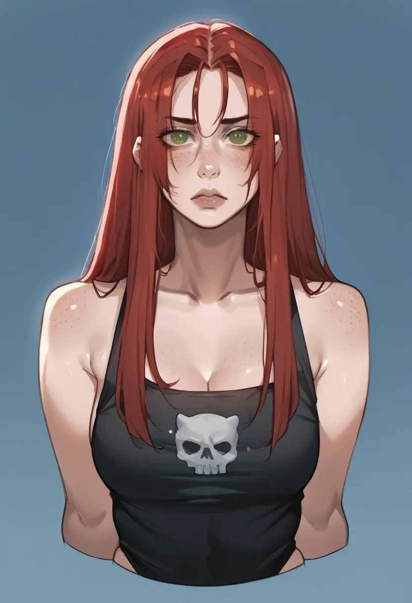 there is a drawing of a woman with red hair and a blue background, a character portrait inspired by rei kamoi, deviantart contes...