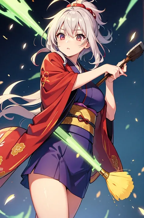 female mage in a kimono with messy hair wielding a giant brush