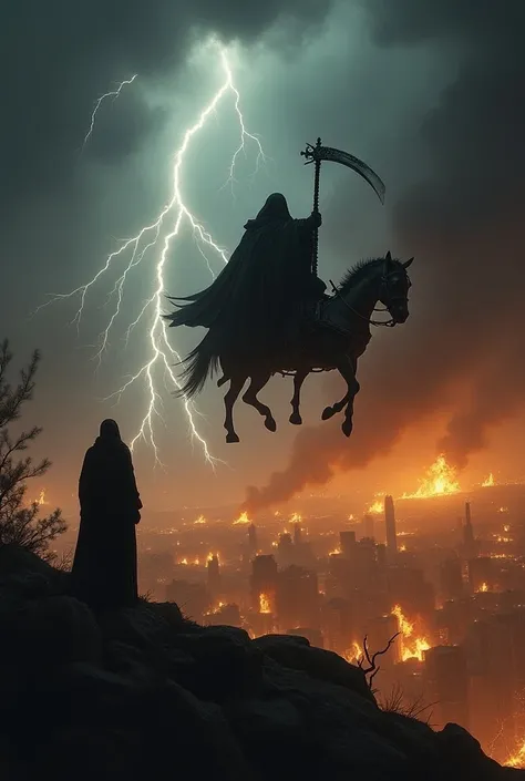 Person on a hill watching a burning city during a lightning storm as the reaper with his sickle descends from the skies in a carriage.