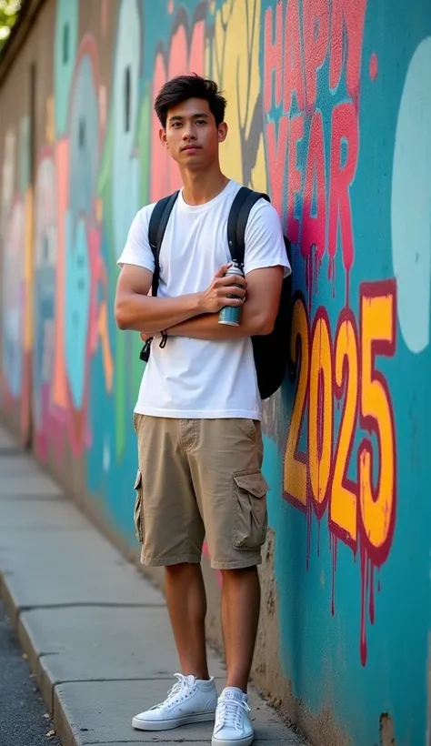 a thai man looking at the camera, wearing a white t-shirt, cargo shorts, hugging, white vans shoes, holding a spray can with colorful graffiti on the wall with the words "happy new year 2025", a backpack containing spray cans, perspective from the front do...