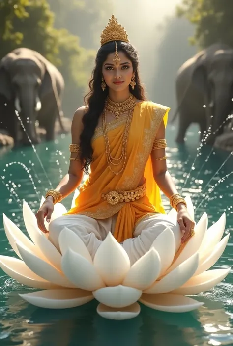 Beautiful Lord shailputri wear full beautiful saree mixture of white and saffron with gold jewel give blessing and sit on the beautiful white lotus with his left and right side elephant who spray water on him and ground on water