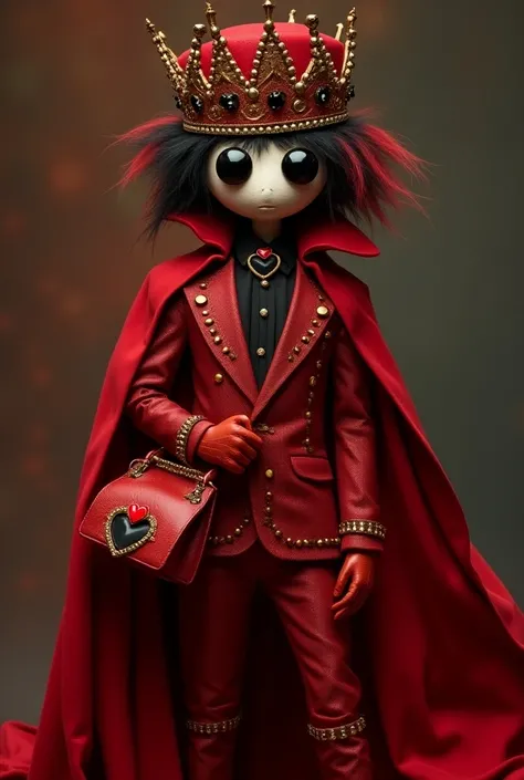 *José wears a red suit with dark and gold stones and a red crown with black and red stones .  No fingers, red gloves and a cape over his legs, red stones and boots and messy black and red hair and heart-shaped lenses and a red bag with pebbles in the shape...