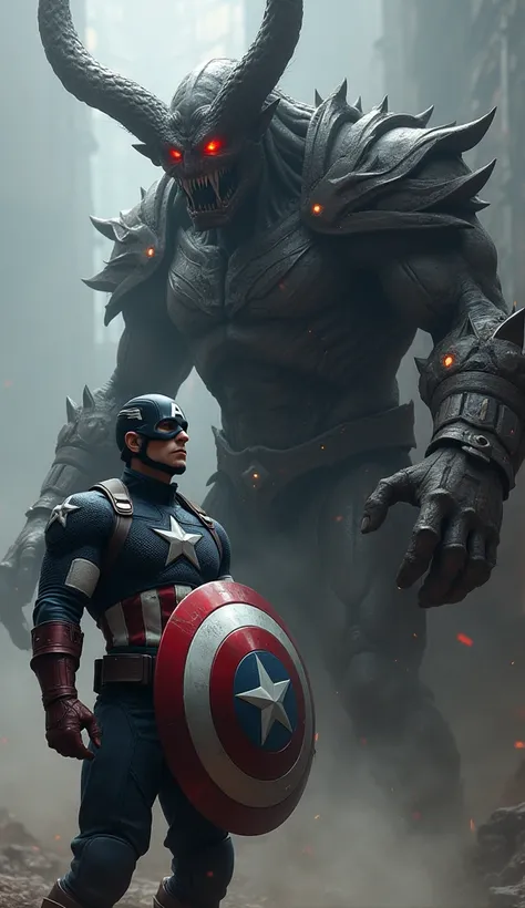 In this image, Captain America stands firmly, wearing his iconic suit in red, white, and blue, with the white star prominently displayed on his shield. His expression is serious and determined, reflecting his unwavering resolve to face any threat. His blue...