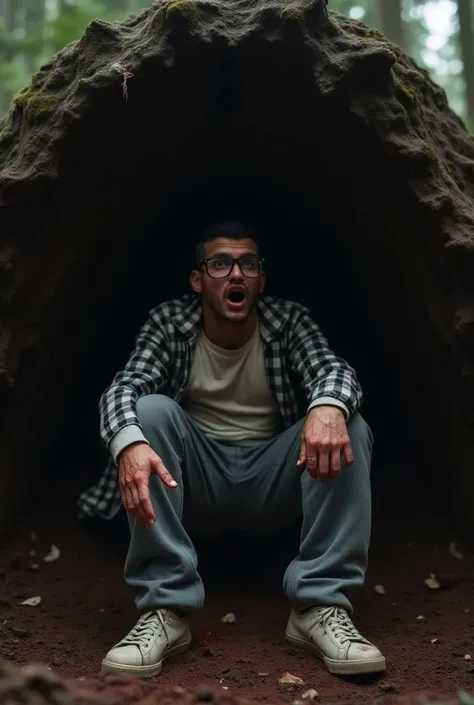 Give a photo of a guy bleeding under a dead redwood tree collapsed with short hair black l, tanned skin, black glasses wearing a white longsleeve with a checkered jacket and sweat pants with sneakers looking terrified like someonesnout to get him hes skinn...