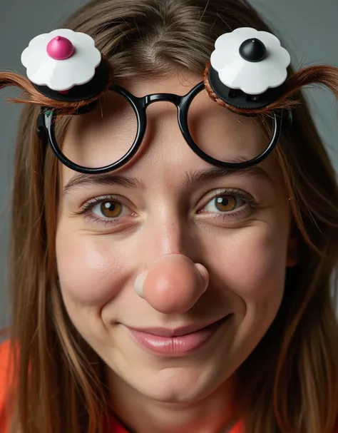 Woman with fake nose from party goods, funny sunglasses with beard and nose, wearing big black round glasses, thick round glasses, black rimmed glasses, wide nose, big nose, straight nose, beard on nose, party goods, close up face portrait, funny face