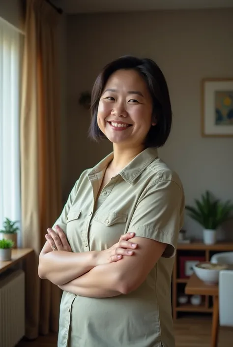 Asian middle-aged working women，Confident smile，Shouji Masakata，The round body ，Front view photo，At home